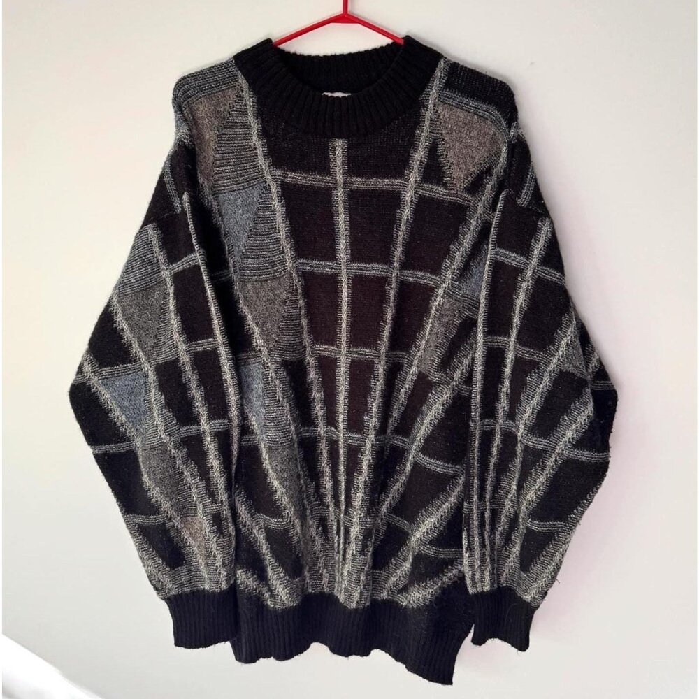 90s vintage mens grey abstract print long sleeved grandpa knit sweater large XL